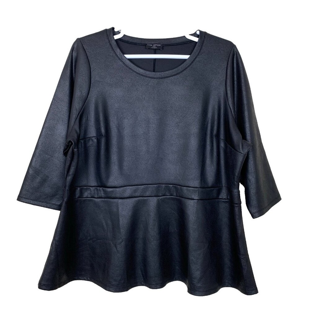 Lane Bryant Womens 26 28 Faux Leather Peplum Blouse Black Top 3/4 Sleeve Stretch